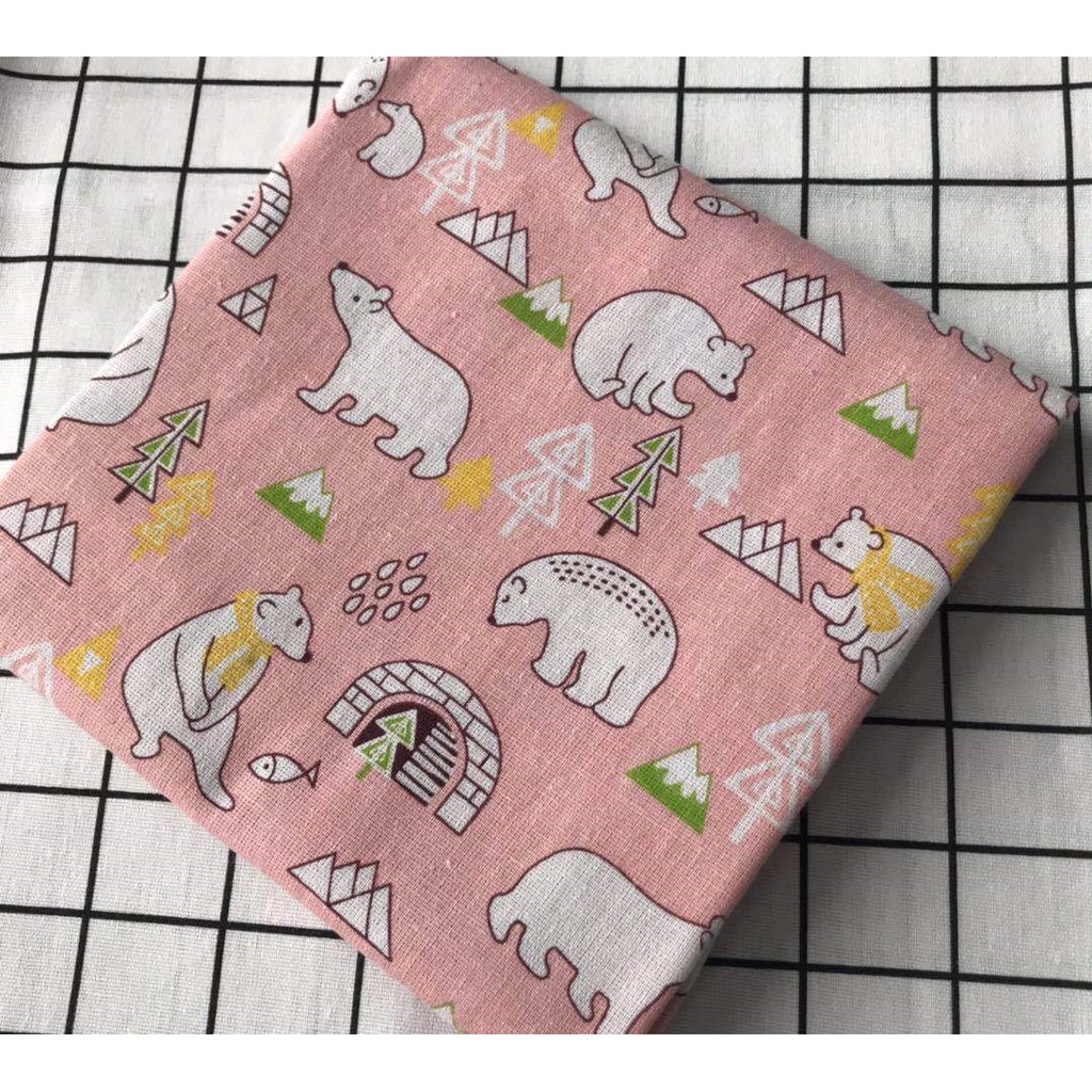Vải linen họa tiết Gấu hồng nhạt V-H08