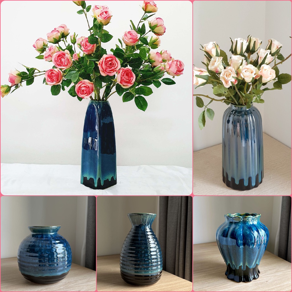Lọ hoa bình bông gốm sứ Bát Tràng cao 16 cm - 30 cm - Men xanh hỏa biến - Bình hoa decor trang trí nhà đẹp