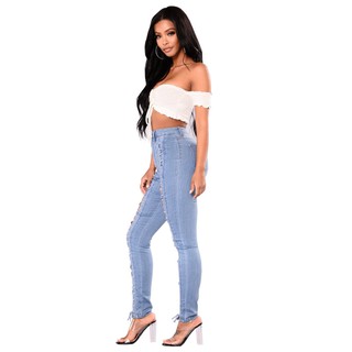 Quần Jeans Lưng Cao Đan Dây Cá Tính Cho Nữ