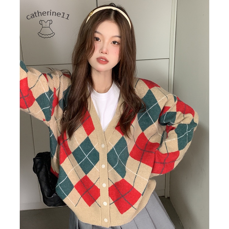 Áo Khoác Cardigan Dáng Rộng Họa Tiết Sọc Caro Thời Trang Hàn Quốc Cho Nữ