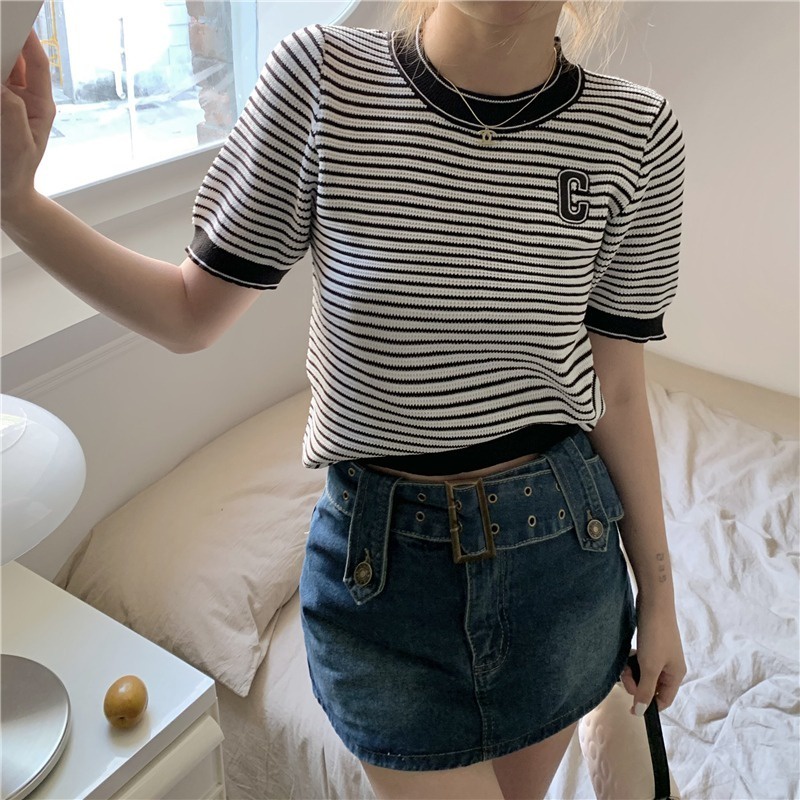 Áo Thun Dệt Kim Ngắn Tay Họa Tiết Kẻ Sọc Màu Sắc Tương Phản