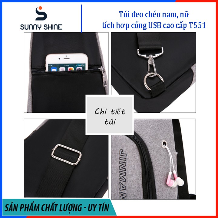 Túi đeo chéo nam, nữ tích hợp cổng kết nối USB, chất liệu vải canvas phối dù cao cấp, dùng cho mọi dịp T551 | BigBuy360 - bigbuy360.vn
