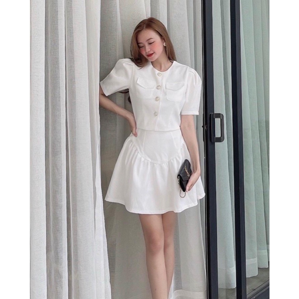 SET ÁO CROPTOP 2 lớp có tay KÈM Chân váy có lót quần , size SML, hàng sẵn mặc Tết, (SET NUNNA)