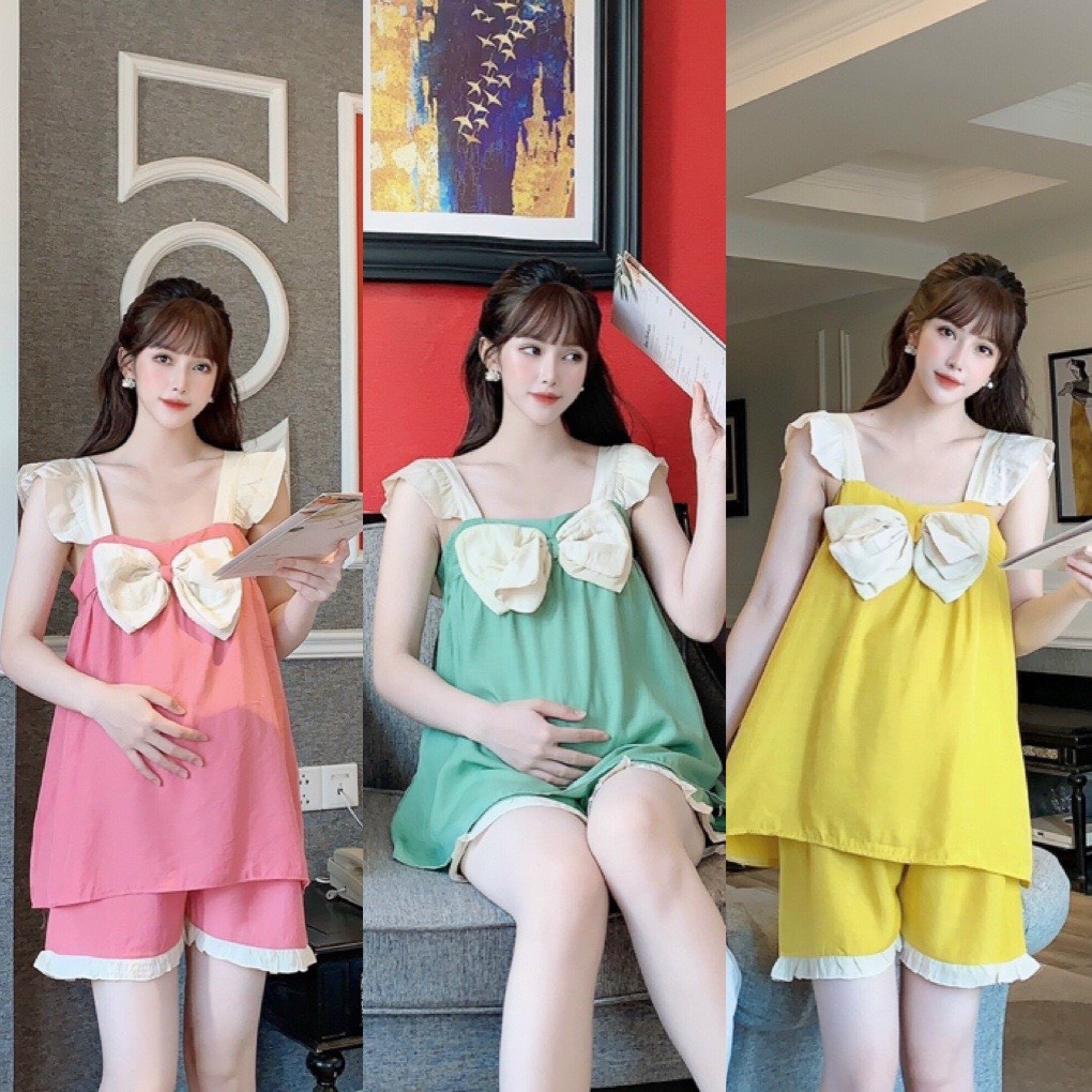 Bộ Đồ bầu và sau Sinh Chất Đũi mềm mát với thiết kế tay cánh tiên đính NƠ trước ngực xinh xắn BĐ868