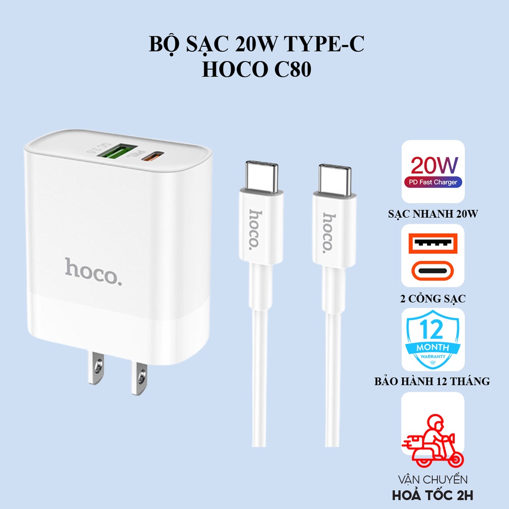 Bộ sạc nhanh Hoco C80 20W có 2 cổng USB PD 20W QC 3.0, dây TypeC to TypeC dành cho Android: Samsung, Oppo, Huawei...