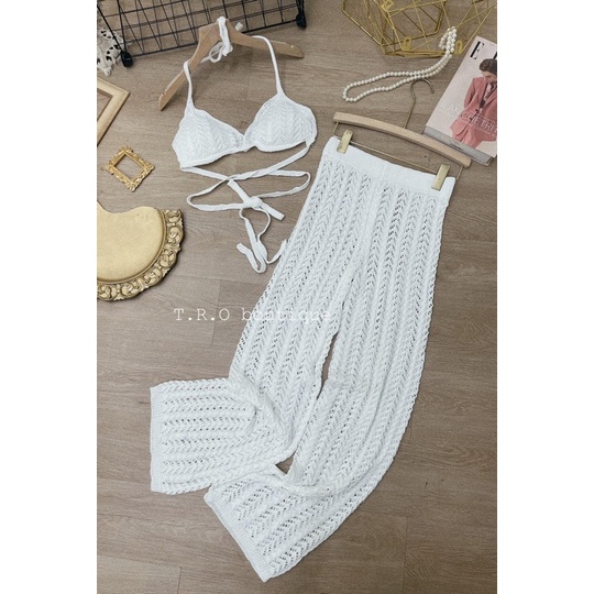 Set áo ngực quần ống rộng lưới đi biển, Set lưới bikini mặc đi biển siêu xinh
