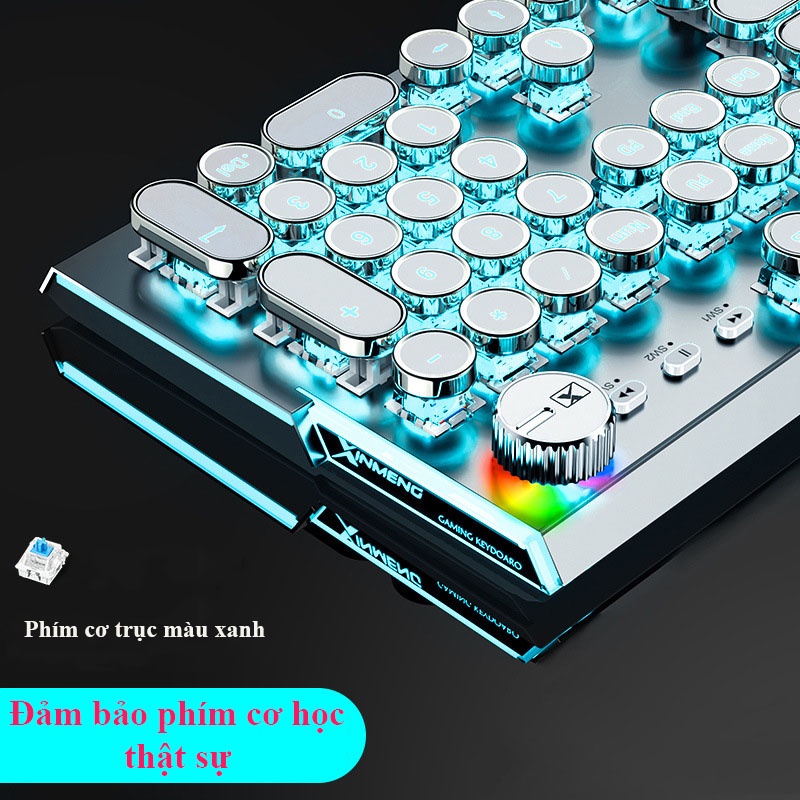 Bàn phím cơ Blue switch XinMeng K901, Bàn phím gaming chính hãng led RGB Phím tròn mạ bạc cá tính có núm xoay đa năng