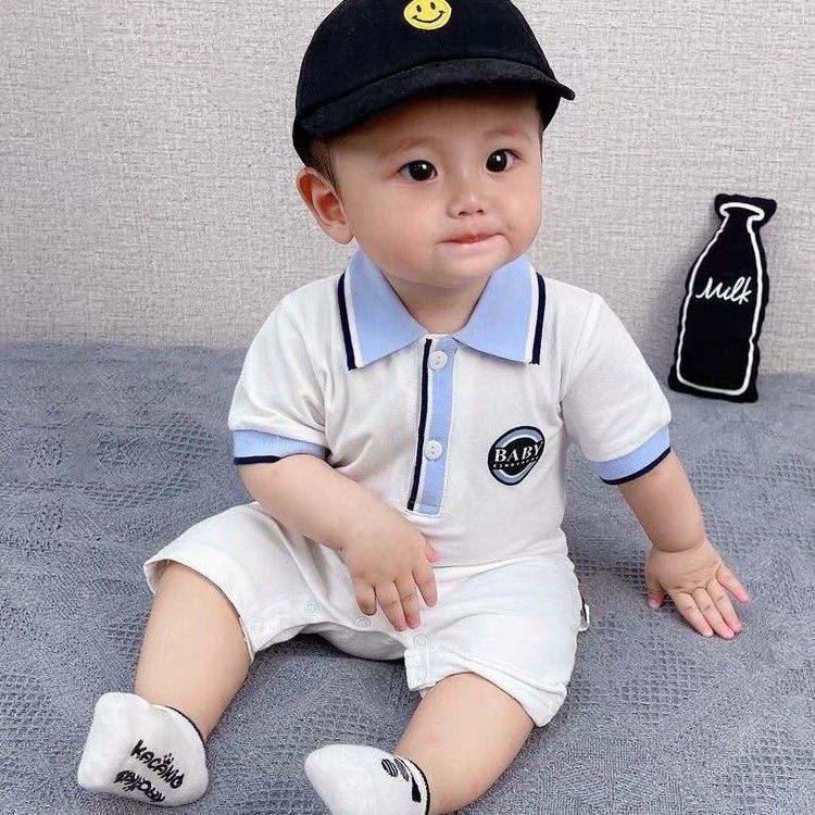 Bộ Áo Liền Quần Giả Hai Mảnh Tay Ngắn Cổ Bẻ Thoáng Khí In Họa Tiết Dễ Thương Thời Trang Mùa Hè Cho Bé Trai