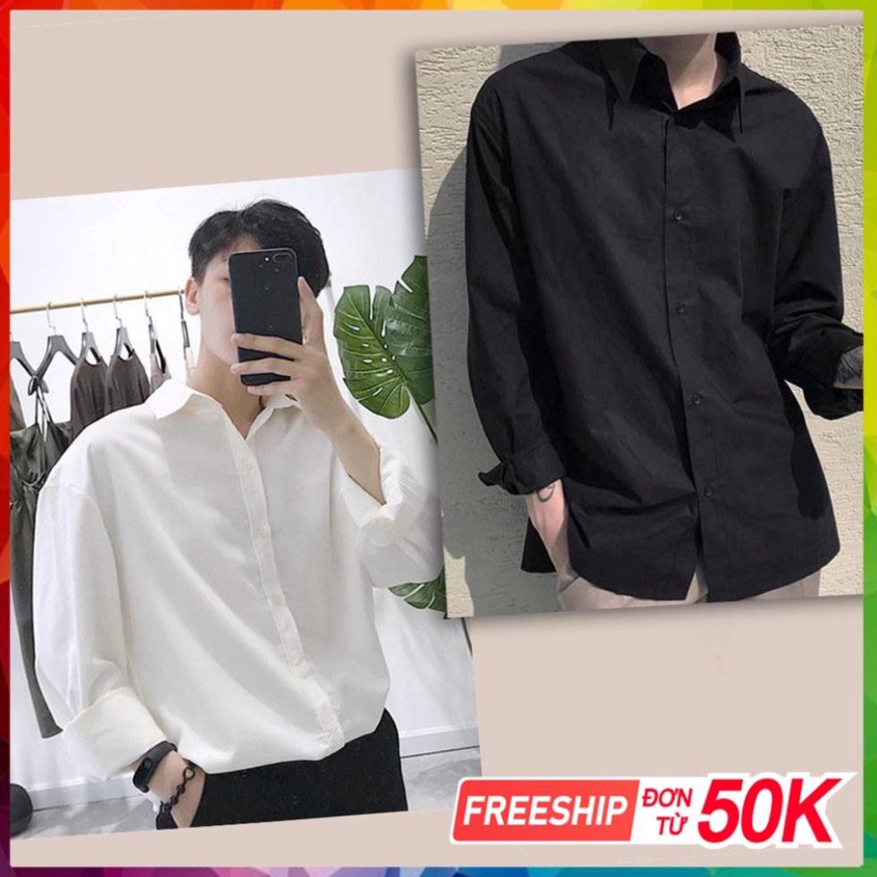 Áo sơ mi nam nữ dài tay Unisex Basic TRƠN Form rộng màu trắng và đen Chất cotton lụa mịn mát Bigsize,Áo sơ mi unisex SM1