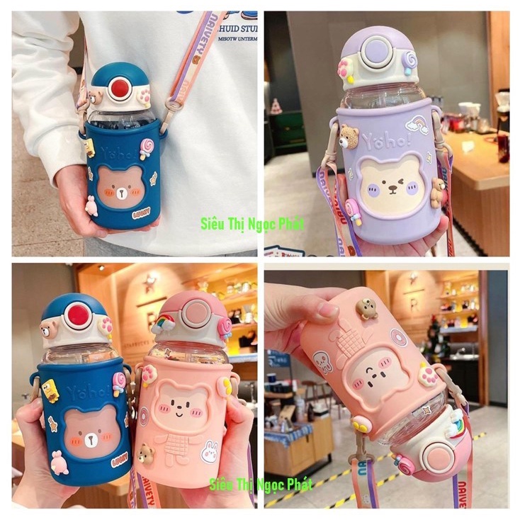 Bình Nước Ngộ Nghĩnh cho Bé 600ML_Có kèm Ống hút, Quai Đeo, Sticker
