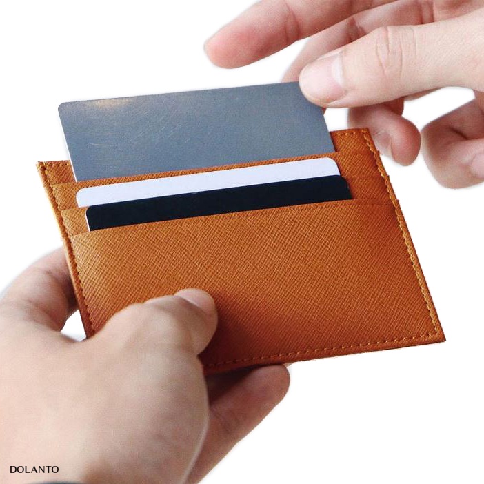 VÍ ĐỰNG THẺ MINI Cardholder ZERO Nhỏ Gọn Da Thật Vân Saffiano Cao Cấp Chống Thấm Nước Unisex Thương Hiệu DOLANTO