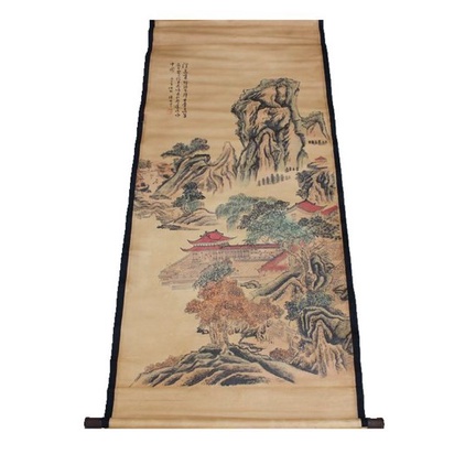 Tranh giả cổ phong thủy của họa sĩ Trương Đại Thiên, Tranh giấy xuyến chỉ viền bo lụa size lớn 155 x 74cm