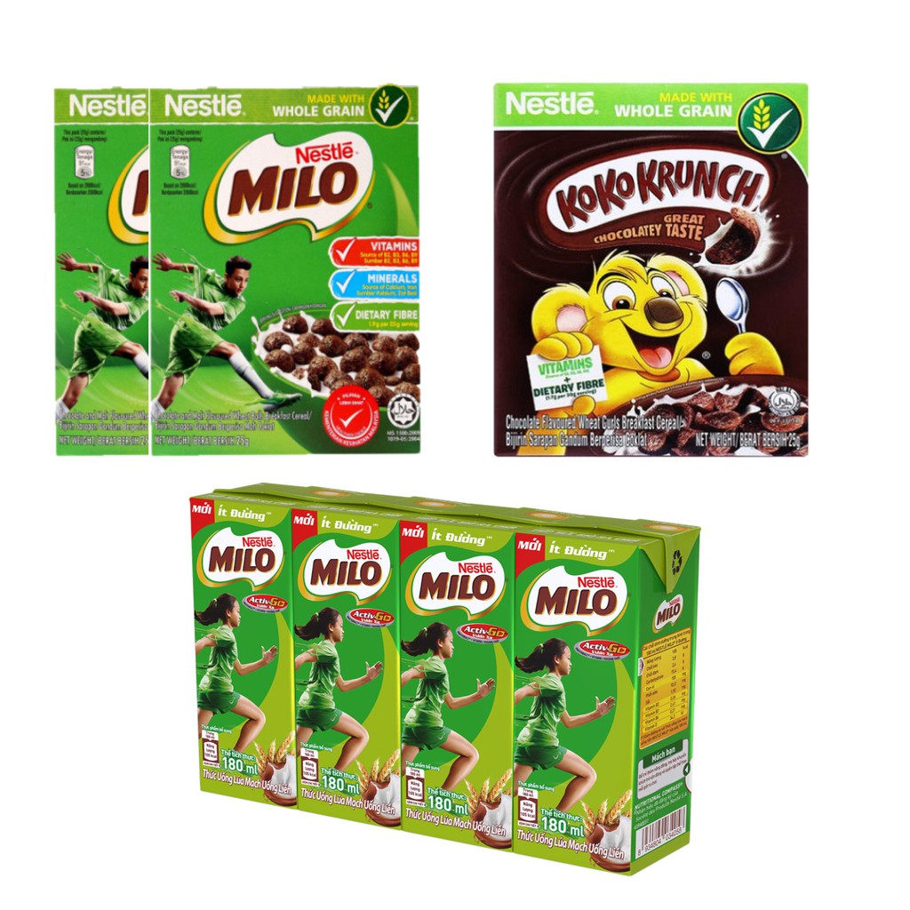 Combo Nestle ăn sáng1:1 lốc Nestle Milo ít đường 180ml/hộp+2hộp bánh ăn sáng Milo+1 hộp bánh ăn sáng