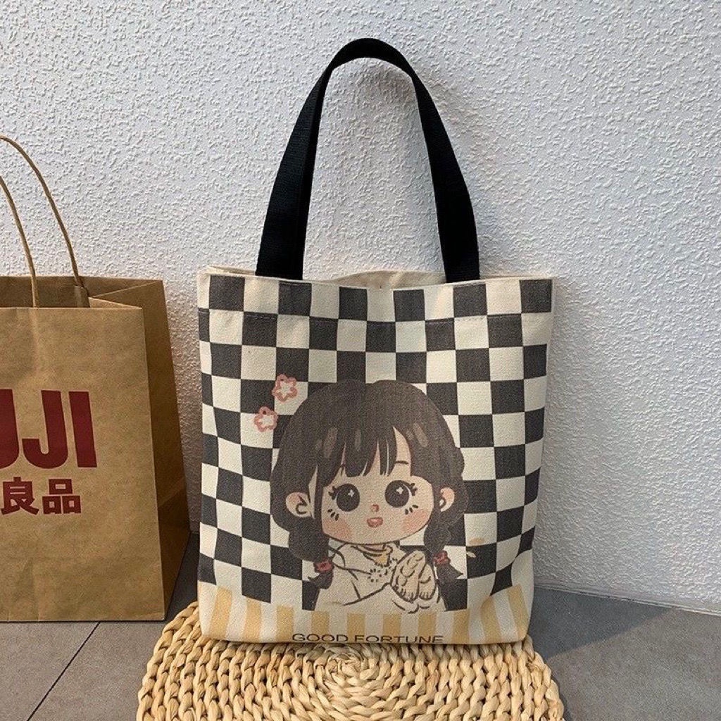 Túi Tote Đeo Chéo Vải Cavas Nữ Xách Tay Có Khóa Dáng Vuông Công Sở Họa Tiết Cute Hàn Quốc Đi Học Làm Chơi