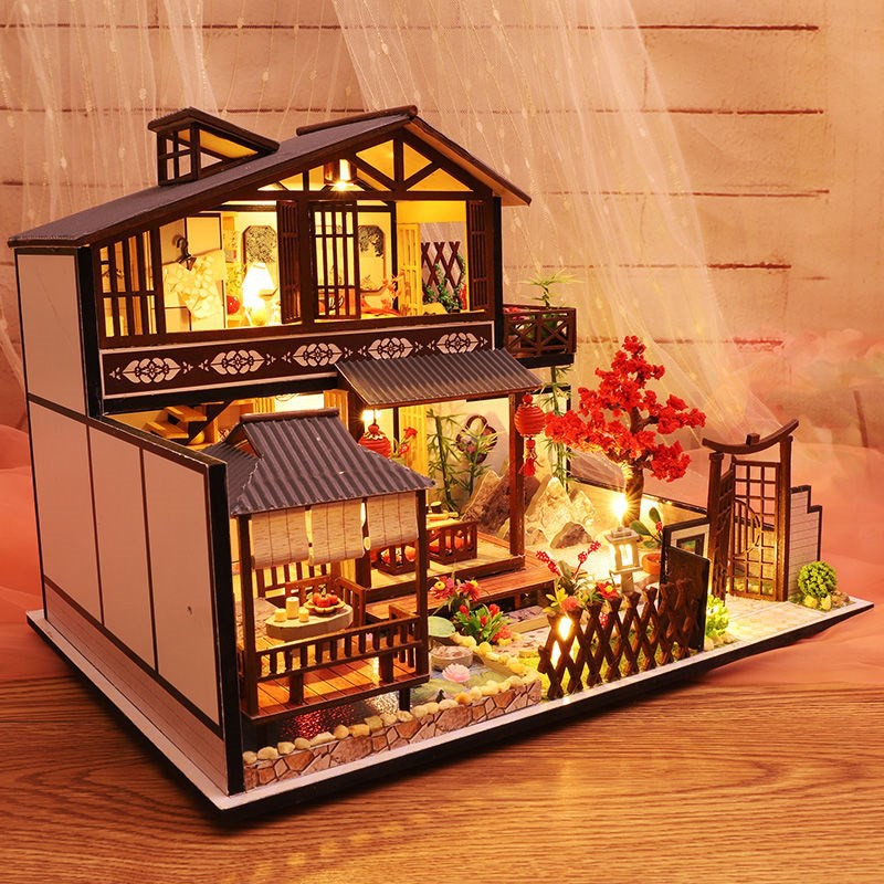 Mô hình nhà DIY Doll House Japanese Forest Valley Kèm Mica Chống bụi, Bộ dụng cụ, Keo dán và Bộ phát nhạc