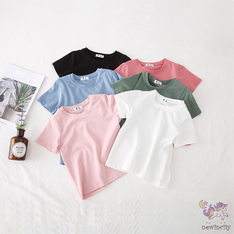 Áo Thun Tay Ngắn Màu Trơn Phong Cách Hàn Quốc Cho Bé Gái