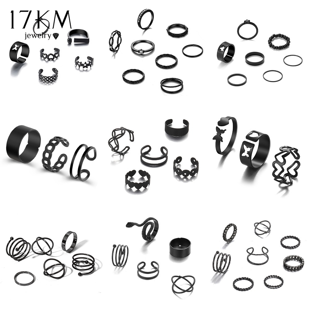 Set nhẫn 17KM màu đen thời trang đính ngọc trai/ pha lê/ bướm/ đan lưới/ lượn sóng cá tính cho nữ