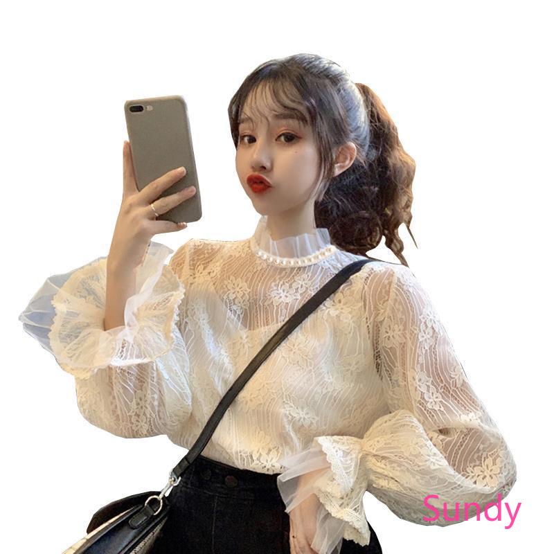 Áo Sơ Mi Tay Dài Dáng Rộng Phối Ren Thời Trang Retro Hàn Quốc Cho Nữ