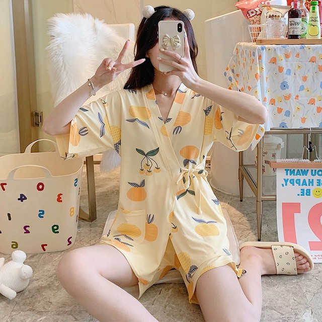 Mẫu mới về Bộ đồ ngủ quần cộc áo yukata đồ mặc nhà Bộ Pijama Nữ Dây Eo Cộc