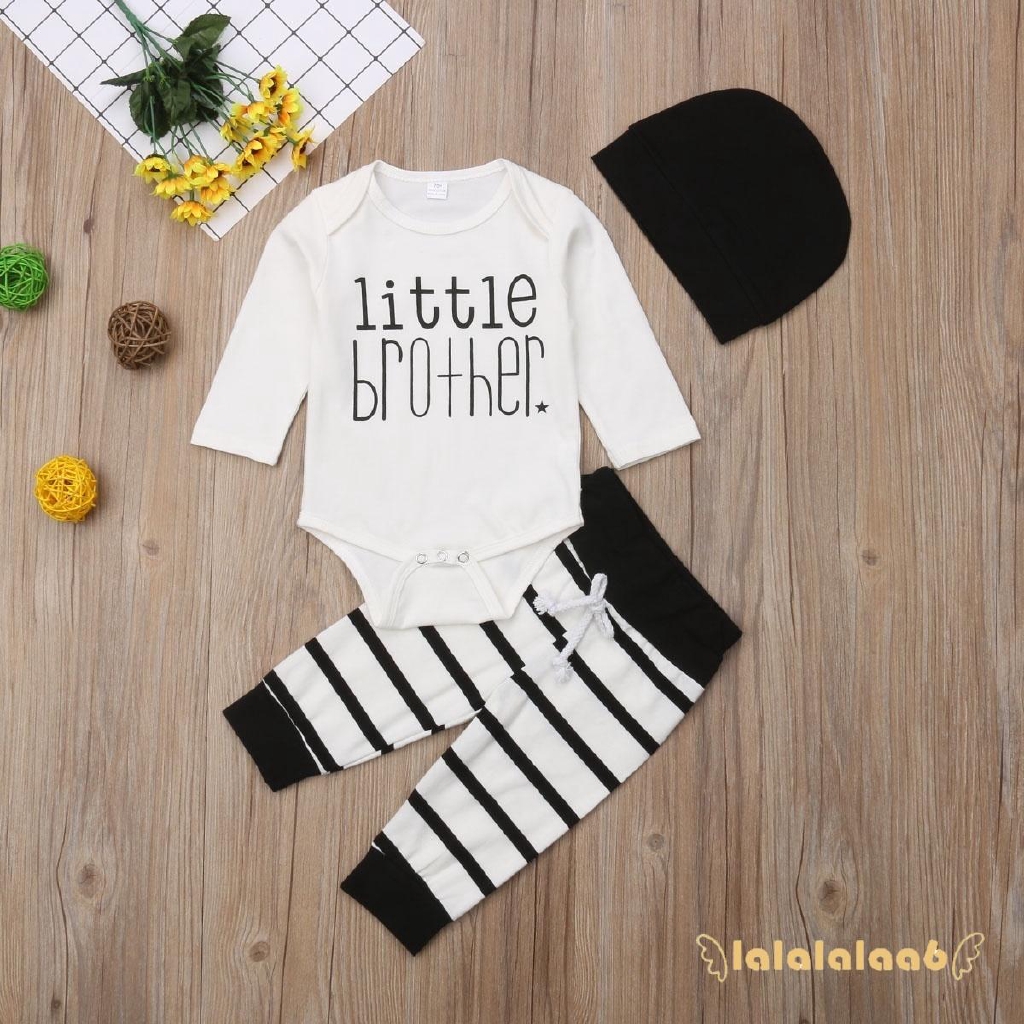Set áo liền quần + quần dài kẻ sọc + mũ đáng yêu cho trẻ sơ sinh