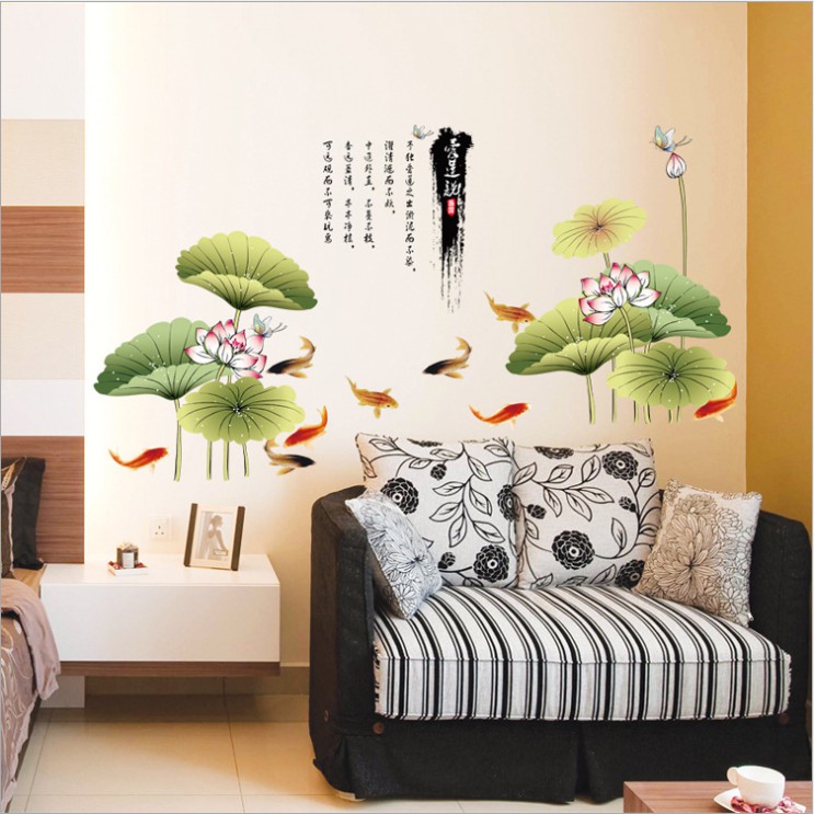 Decal dán tường hồ sen ao cá khổ rộng 1m2 x 2m