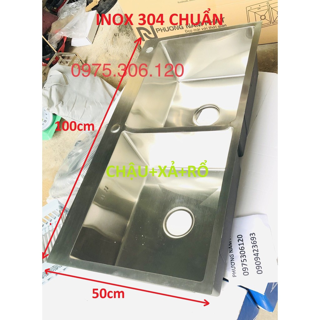 [SIZE LỚN 100x50cm] Chậu Rửa Chén Bát 100% INOX SUS 304 N4 10050 NA.GRAND và xả và rổ rút đa năng, loại chậu đúc dày