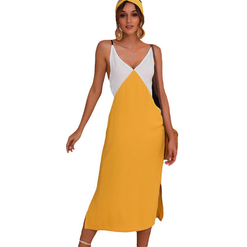 Xiangbao Đầm Midi Hai Dây Cổ Chữ V Màu Sắc Tương Phản Phong Cách BOHO Mùa Hè Dành Cho Nữ