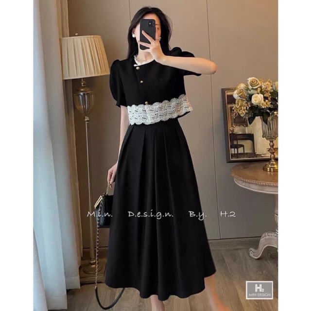 Set bộ áo sơ mi đen crt phối viền ren tay bồng mix chân váy midi dài siêy xinh su om
