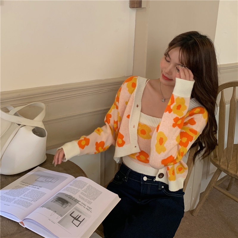 Porozi  Áo cardigan ngắn tay dài/ áo hai dây  dệt kim phong cách Hàn Quốc cho nữ