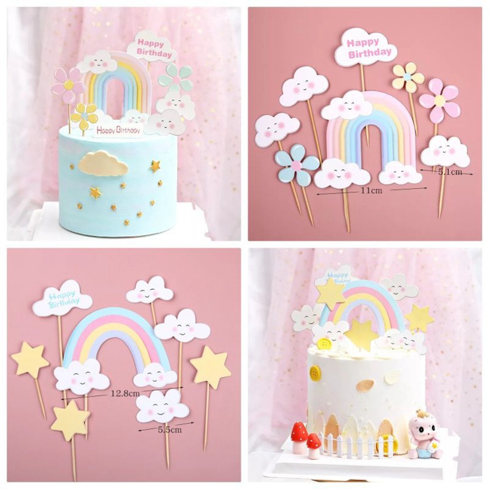 1 Set Phụ Kiện Thẻ Trang Trí Bánh Kem Sinh Nhật Hình Hoa/Mặt Cười/Đám Mây/Cầu Vồng Dễ Thương