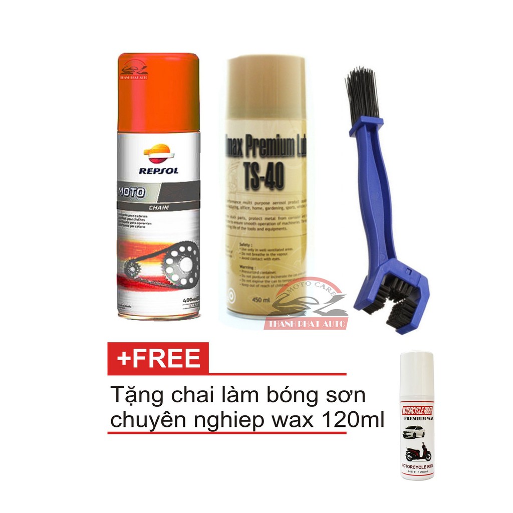 Bộ rửa sên TS-40 450ml + Dưỡng sên Repsol Chain lube 400ml + bàn chải chà sên tặng Wax làm bóng xe 120ml