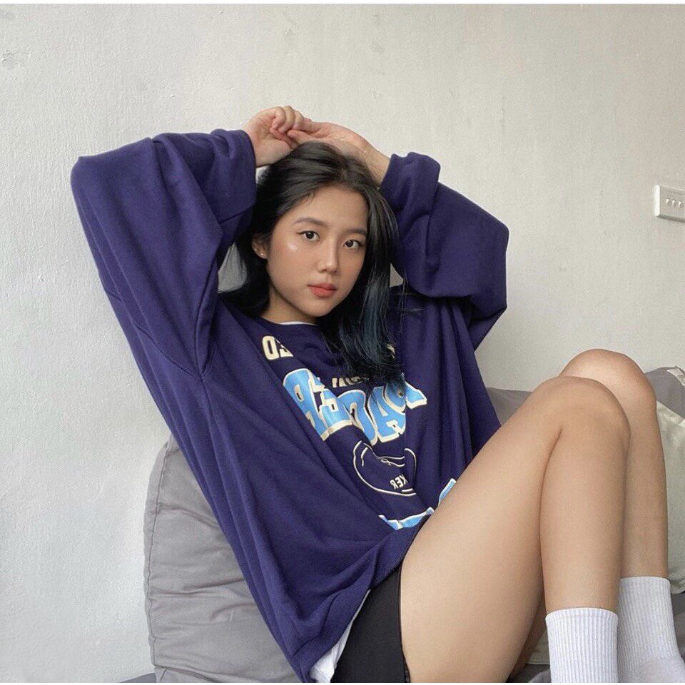 Áo Sweater Nữ Dài Tay PACKER Áo Nỉ Tăm Cổ Tròn Màu Xanh Form Rộng Unisex Cá Tính | BigBuy360 - bigbuy360.vn