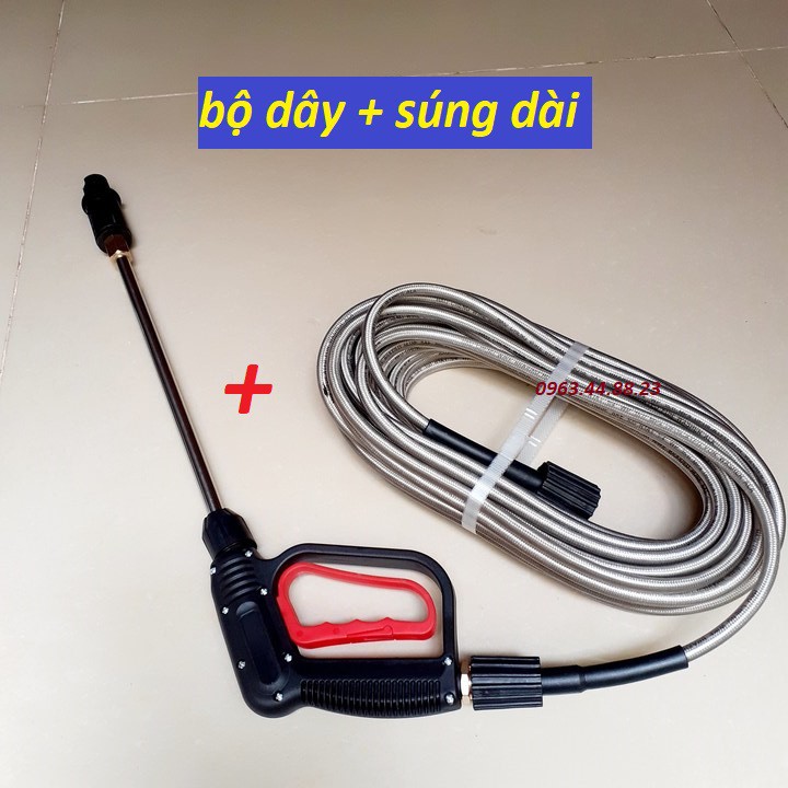 bộ súng xịt và dây rửa xe 10m-ren 14mm - súng cò đỏ dài+dây 10m