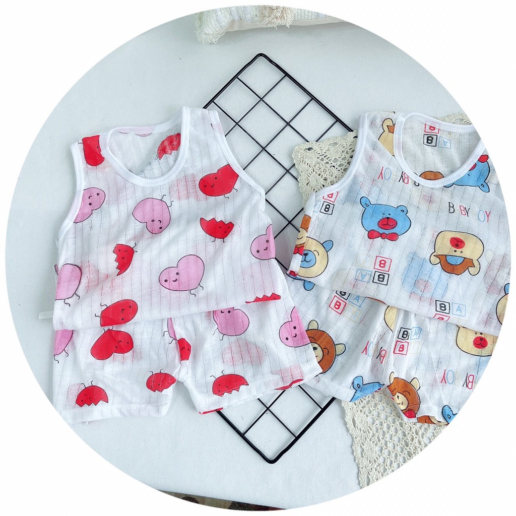 Bộ ba lỗ cotton giấy thông hơi nhiều hình cho bé siêu mát mẻ mùa hè size 5-15kg