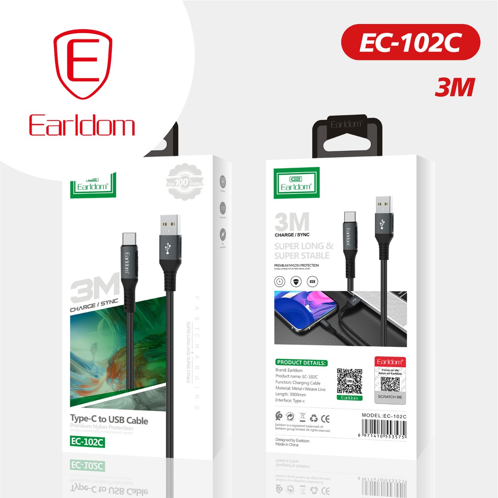 Cáp sạc bọc dù, hỗ trợ sạc nhanh 2.5A Earldom EC – 102 chính hãng