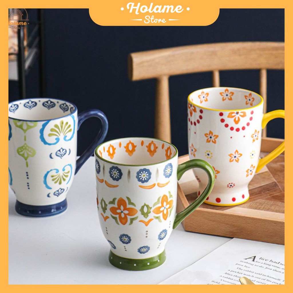 Cốc sứ uống trà dáng cao – họa tiết hoa vẽ tay - phong cách Bắc Âu – 500ml