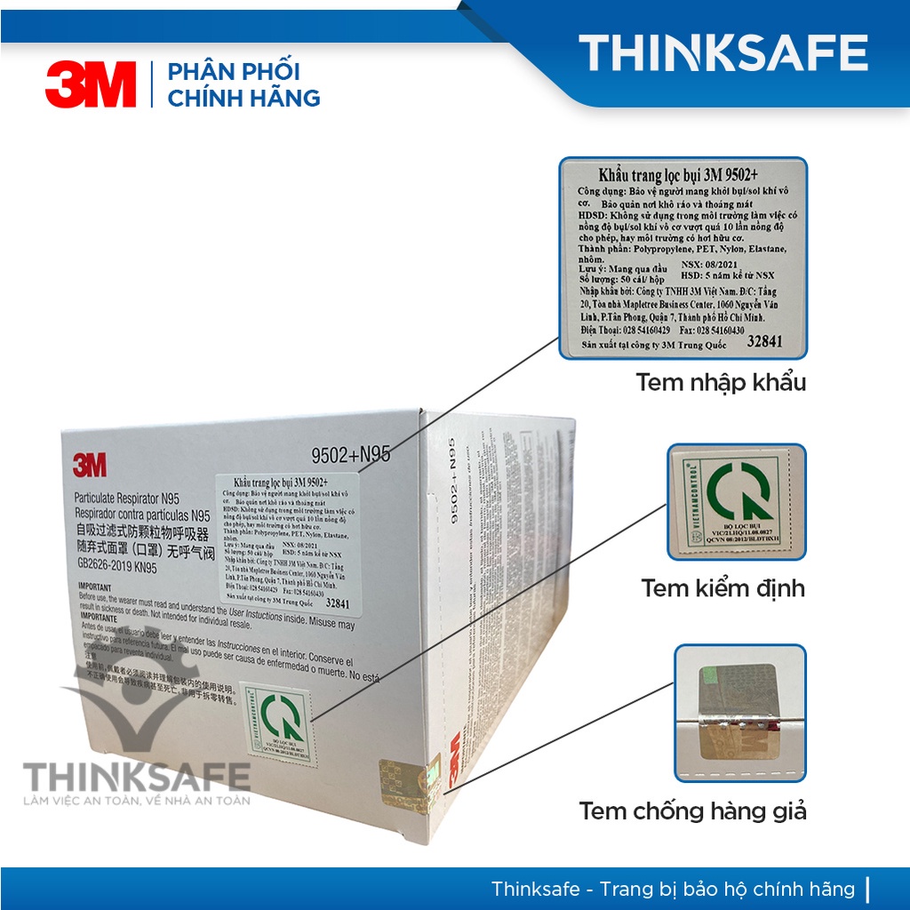 Khẩu trang 3M N95 Thinksafe, dây đeo qua đầu, vải kháng khuẩn 3d, màu trắng 4d, đẹp, dùng cho y tế phòng dịch - 3M 9502