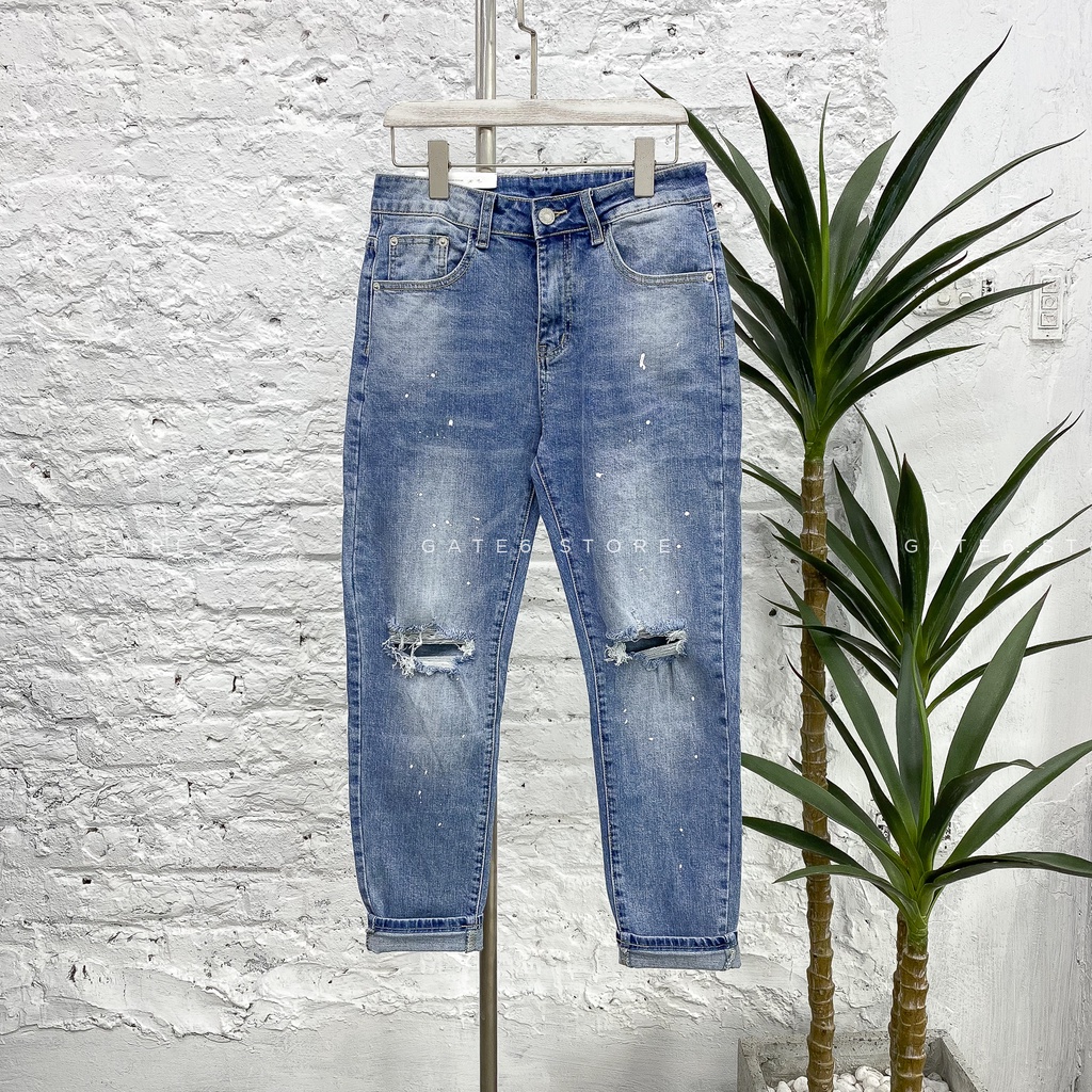 Quần Jean slimfit Nam YY, quần bò xanh vải co giãn rách 2 gối GATE6 - 9042
