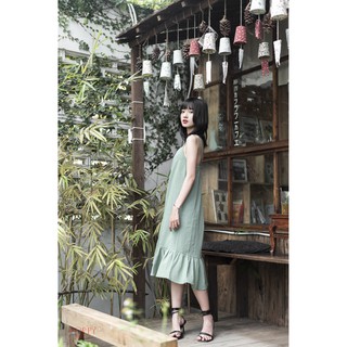 Đầm linen dáng suông 2 dây phối nút gỗ