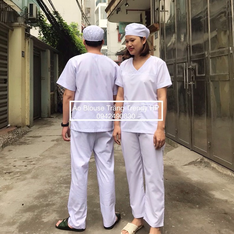 Bộ quần áo scrubs trắng nam nữ cộc tay - bộ quần áo blouse trắng cổ tim nam nữ