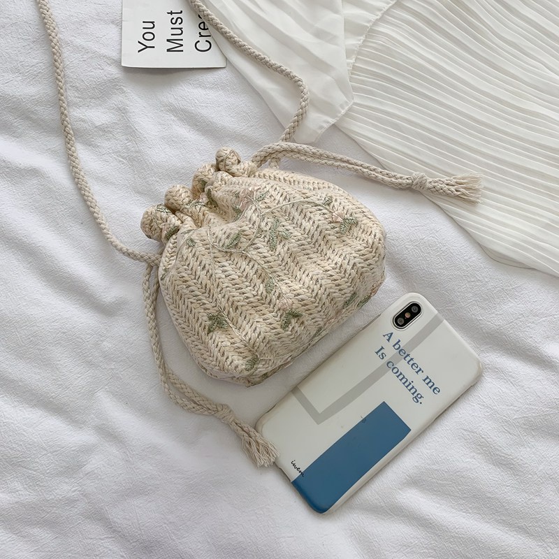 Túi Xách Nữ Túi Cói Đeo Vai Dáng Xô Dây Rút Phối Ren Dễ Thương Thời Trang Cho Nữ