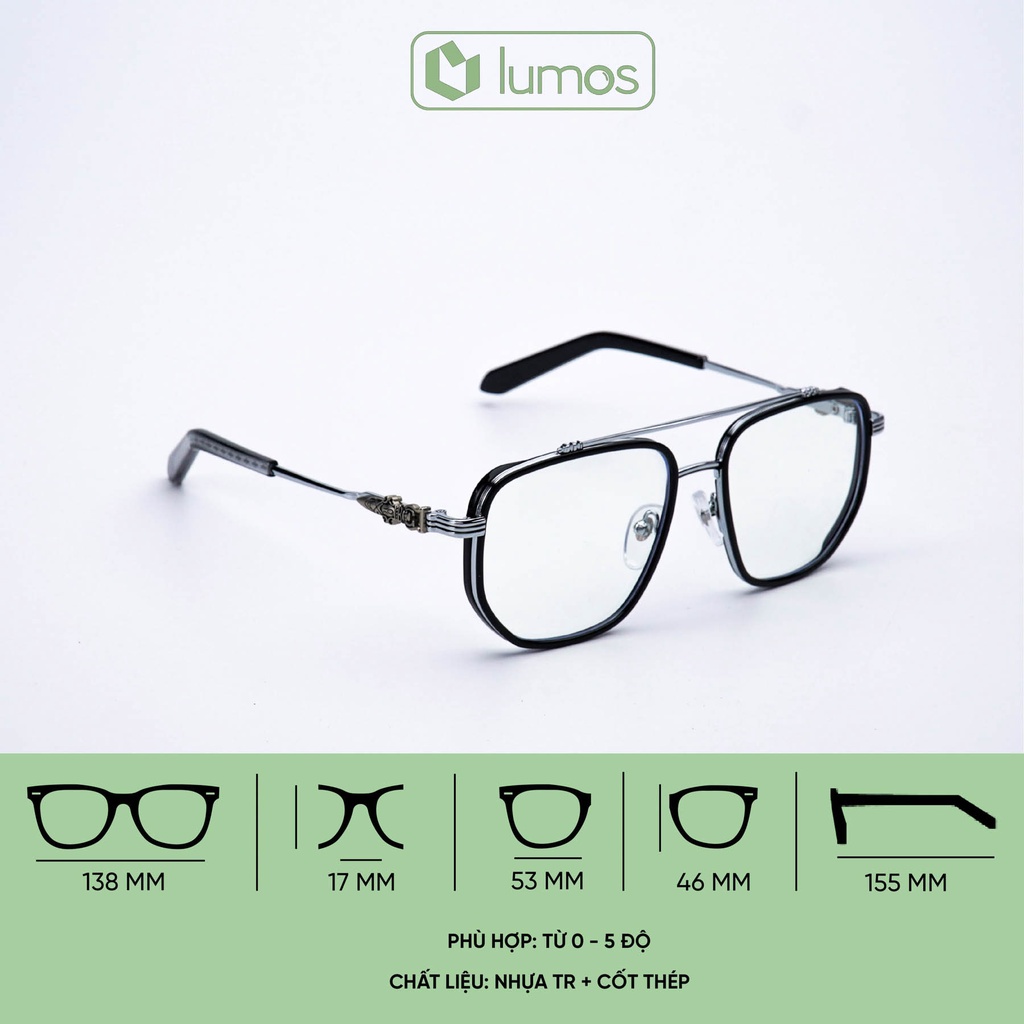 Gọng kính nam nữ Chrome Hearts dáng vuông to kim loại đẹp cao cấp màu sắc thời trang Lumos 2236