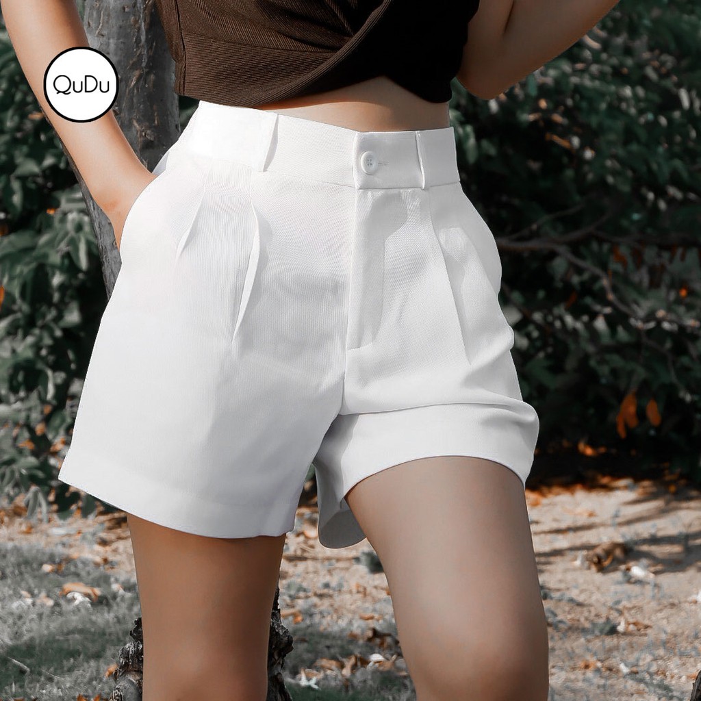 Quần Sooc Nữ QuDu, Quần Short Nữ Màu Đen Trắng Lưng Cao Ống Vừa Không Kén Dáng Che Khuyết Điểm Mùa Hè 2021