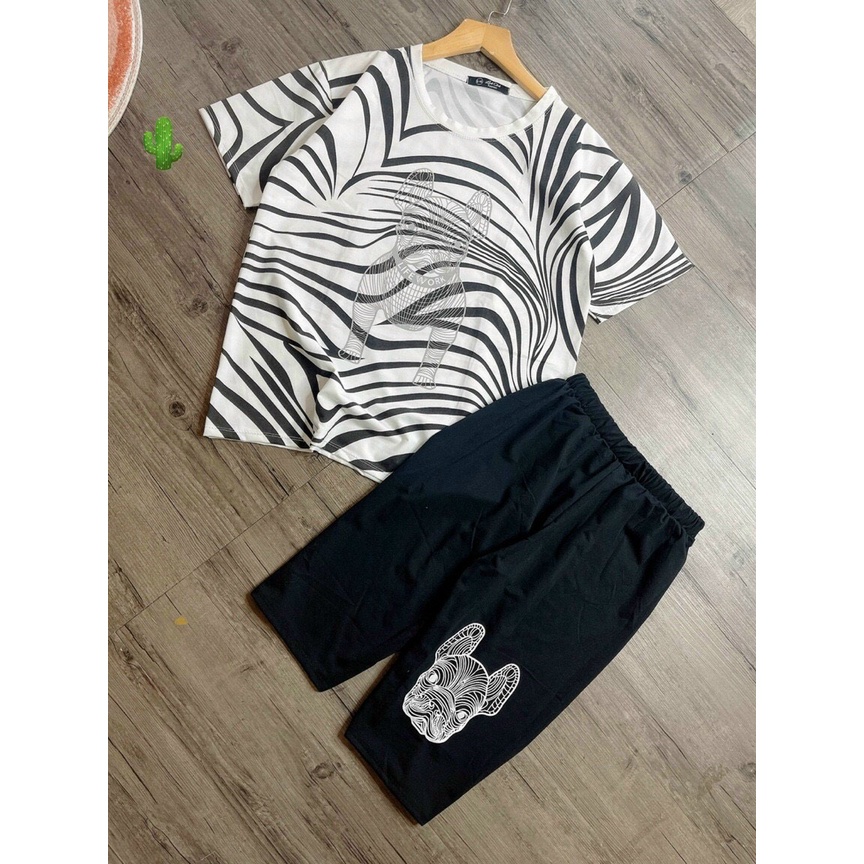 Sét bộ áo thun form rộng tay lỡ màu vằn phối quần thun ngố in hình chó pug cực xinh , chất thun coton mềm mịn