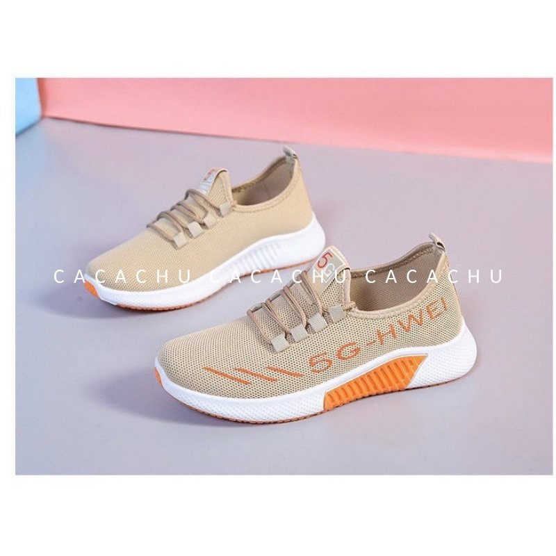 Giày thể thao nữ sneaker đẹp hot 2021 thêu 5G Hwei chạy bộ CACACHU G009, đế siêu êm thoáng khí 2 màu đen be thời trang