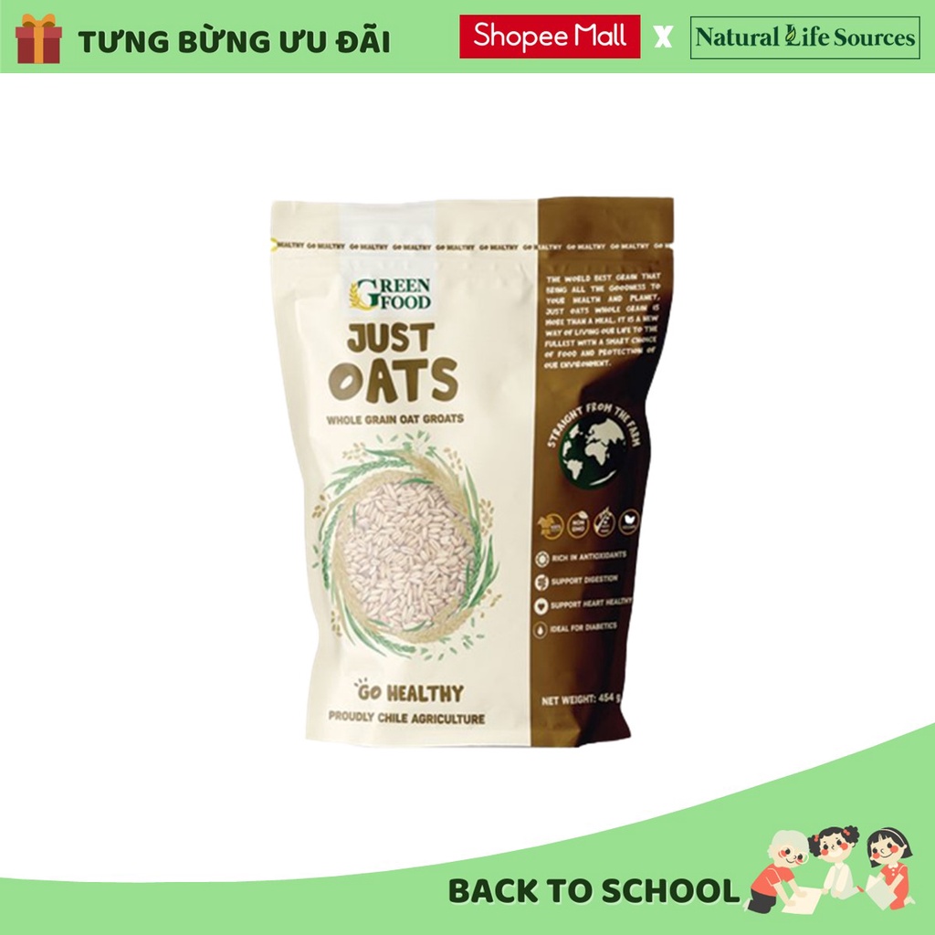 Yến mạch Chile Just Oats Green Food nguyên cám 454g (Date 6.2023)