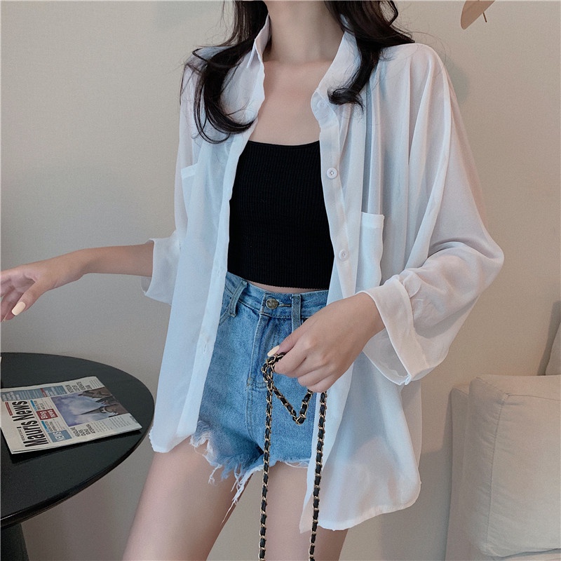 Maxi Dresses2021 Summer New White Thin Section Sunscreen Shirt French Blouse Loose Coat Chiffon Outside Small Shawl Wome