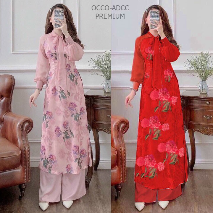 Áo dài hoa cột nơ cách điệu AD24 vải lụa cao cấp [HÀNG XUẤT NHẬT-HÀN QUỐC]