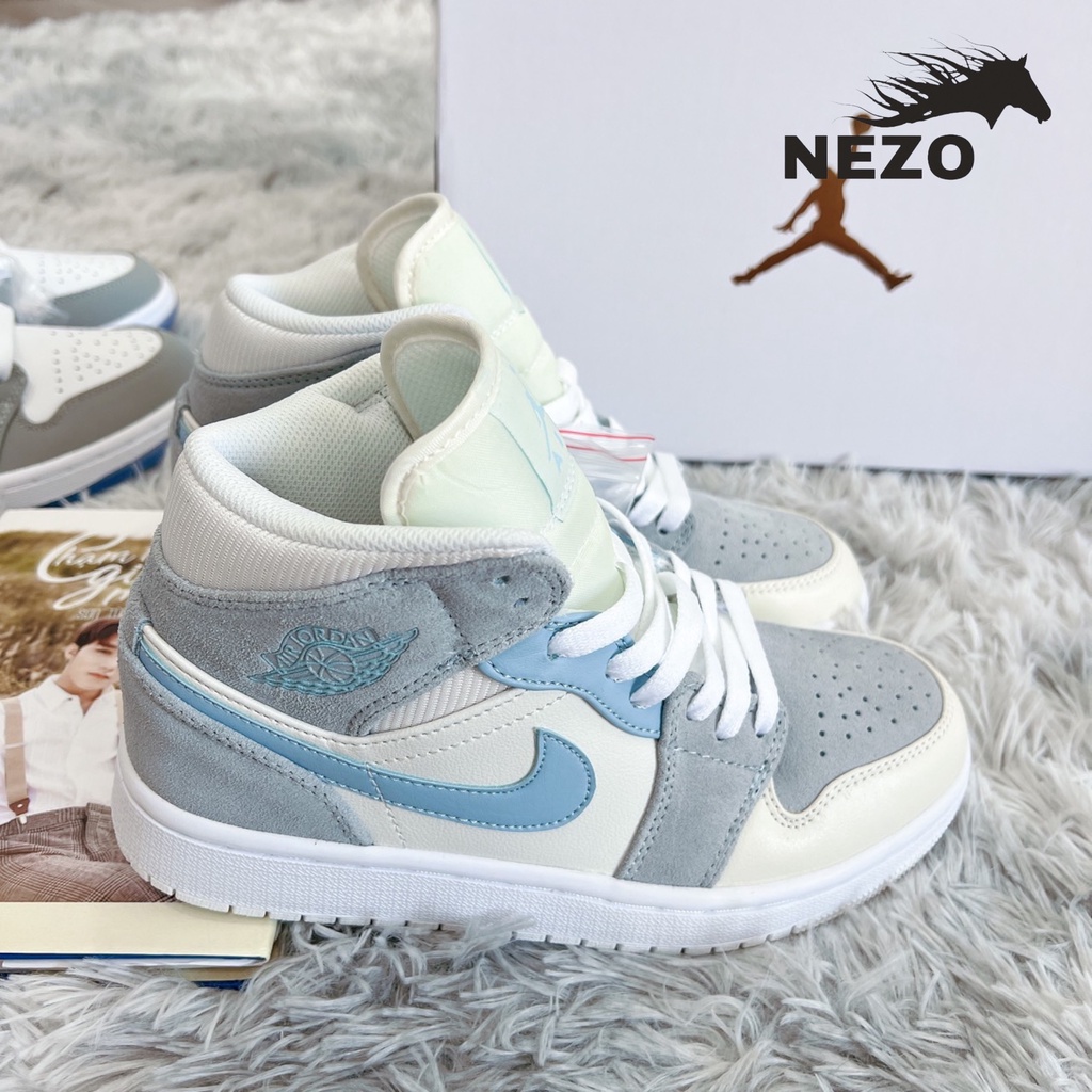 Giầy thể thao cổ cao JD xanh xám da lộn 1.1 , Air Jordan 1 Mid Mixed Textures Blue Xanh Da Lộn full bill box