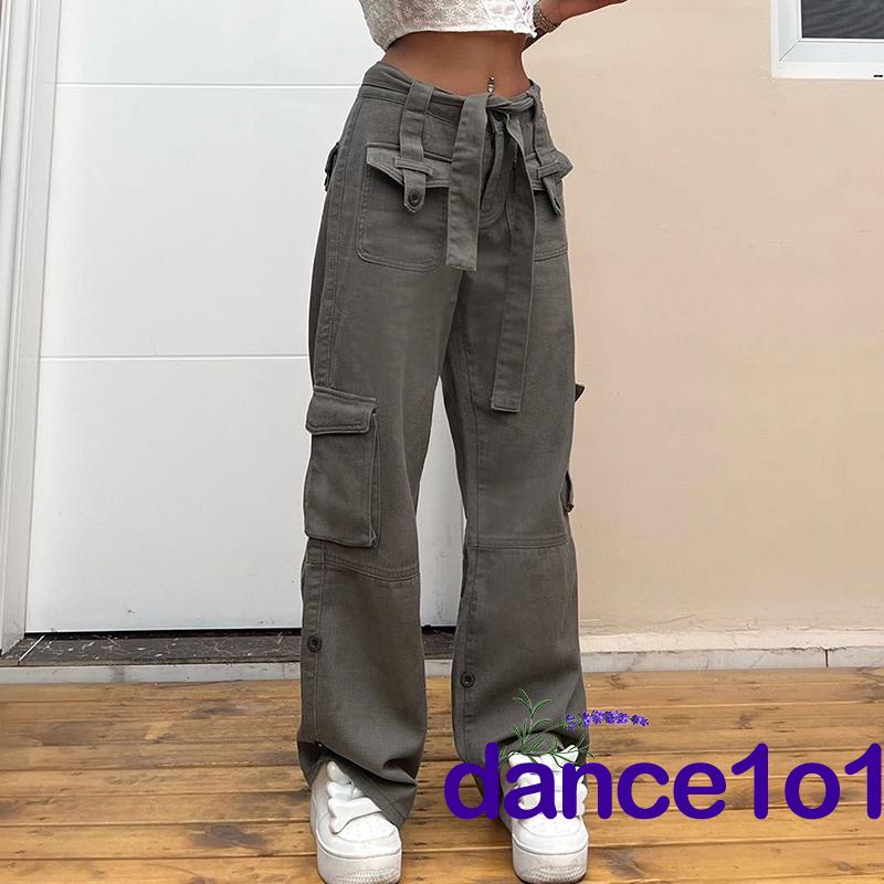 Quần Jeans Ống Rộng Lưng Cao Có Túi Thời Trang Hàn Quốc Khiêu Vũ1O1-Harajuku Y2K